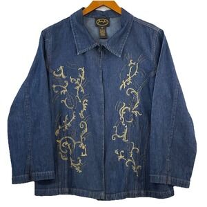 Julia Kim Vintage Women's Large Denim Jacket Embroidered Art  Gold